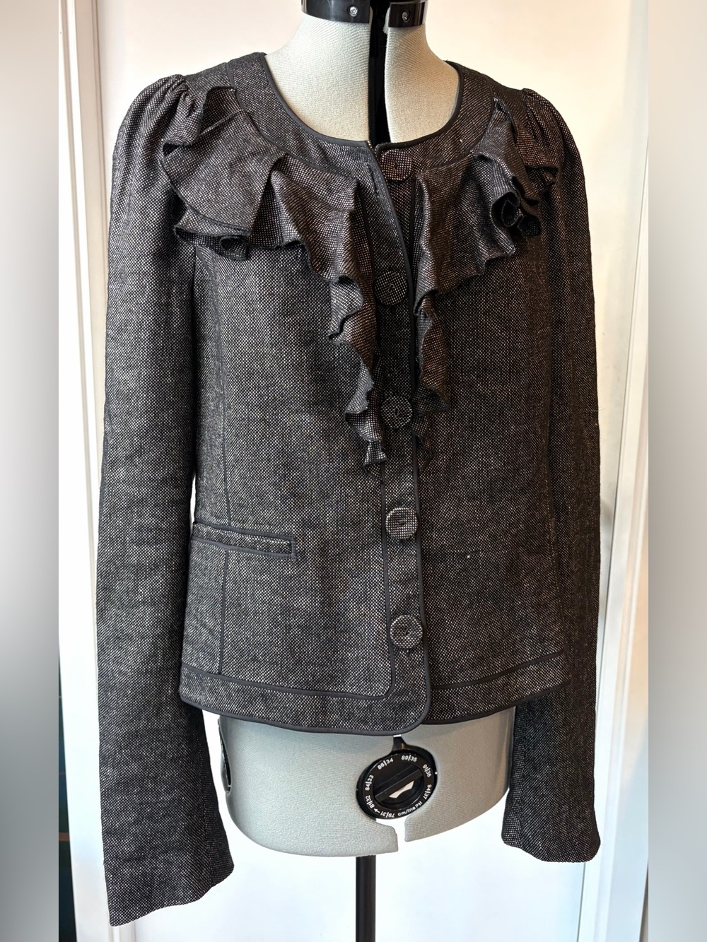 Rebecca Taylor Ruffle Tweed Jacket, button front, black/white, 12, like new